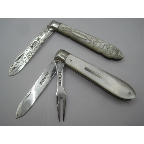 263 - An engraved silver and mother of pearl fruit knife and a mother of pearl and silver fruit knife and ... 