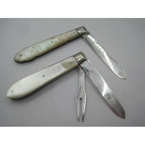 263 - An engraved silver and mother of pearl fruit knife and a mother of pearl and silver fruit knife and ... 