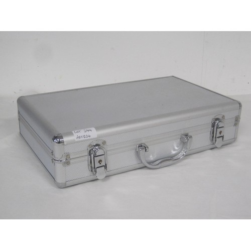 244 - A coin case with five insert trays and two keys. Dimensions of case about 40cm x 24cm x 9.5cm