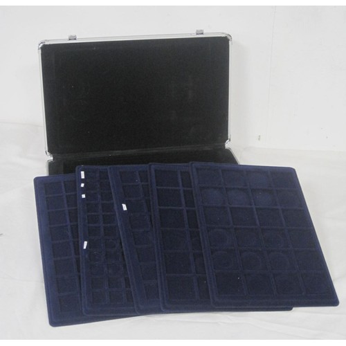 244 - A coin case with five insert trays and two keys. Dimensions of case about 40cm x 24cm x 9.5cm