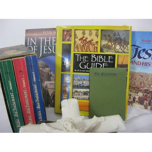 30 - A large box of religious books and ephemera plus a large print of Jesus