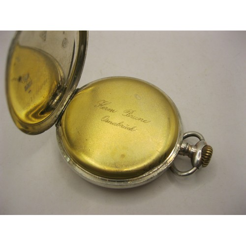 71 - An 800 foreign silver open face pocket watch with gold-plated accents to the case, dial signed Brune... 