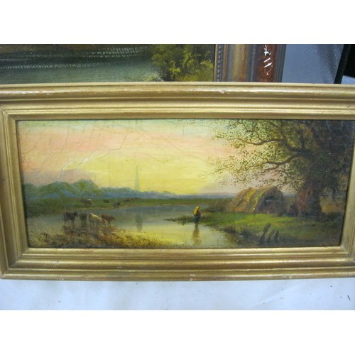 207 - A pair of antique oils on board, framed, one of a pastoral scene looking towards a distant cathedral... 