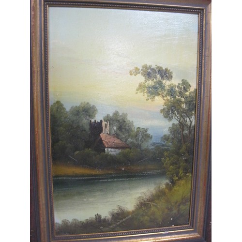 207 - A pair of antique oils on board, framed, one of a pastoral scene looking towards a distant cathedral... 