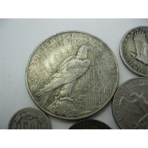 221 - A US $1 Dollar coin in .900 silver, 1935 'Peace' Dollar, 1865 '3 cent nickel' silver 3 cent coin, 19... 