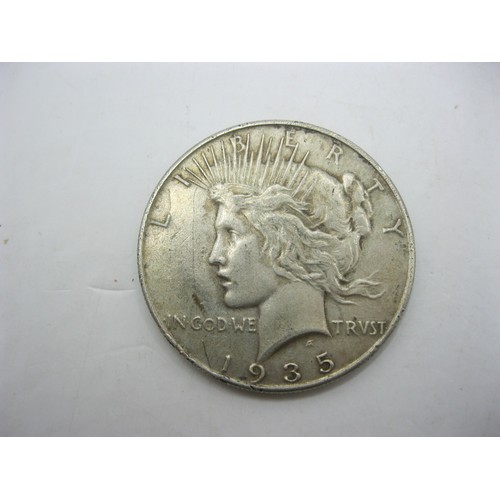 221 - A US $1 Dollar coin in .900 silver, 1935 'Peace' Dollar, 1865 '3 cent nickel' silver 3 cent coin, 19... 