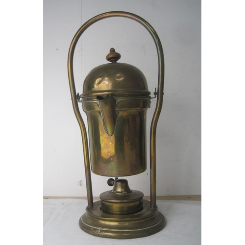 231 - An interesting antique brass coffee maker, the spouted cylindrical vessel suspended on brass hoop wi... 