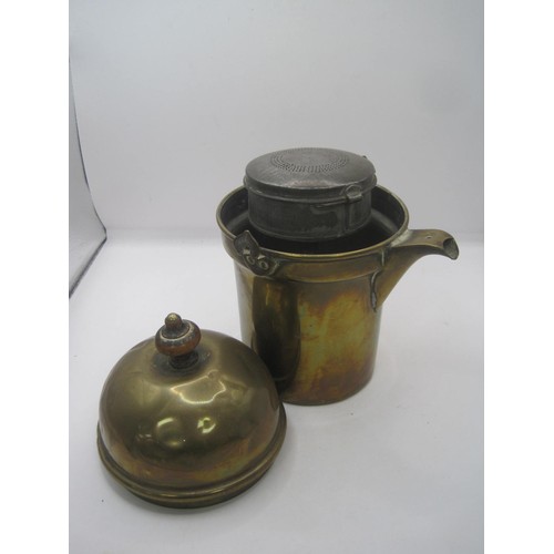 231 - An interesting antique brass coffee maker, the spouted cylindrical vessel suspended on brass hoop wi... 