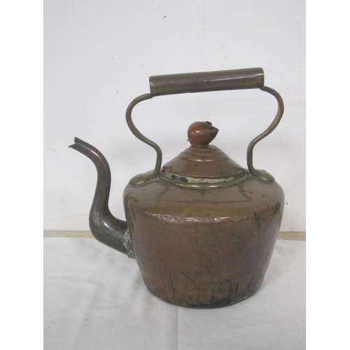 233 - An antique copper kettle with a small wooden mouse glued to the lid, a large brass rectangular trive... 