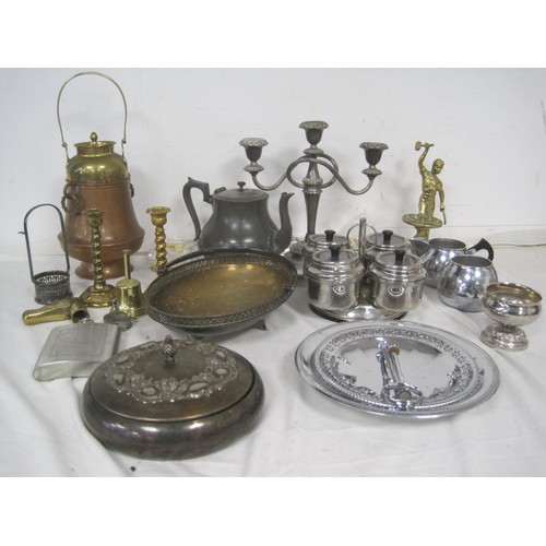 244 - A box of silver plated items and other metalwork including pewter