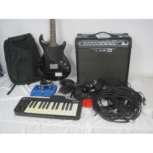 178 - A Line 6 Amplifier, Guitar, Keyboard + accessories, all leads plus a box of music books and guides, ... 