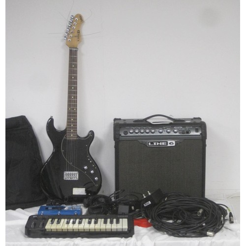 178 - A Line 6 Amplifier, Guitar, Keyboard + accessories, all leads plus a box of music books and guides, ... 