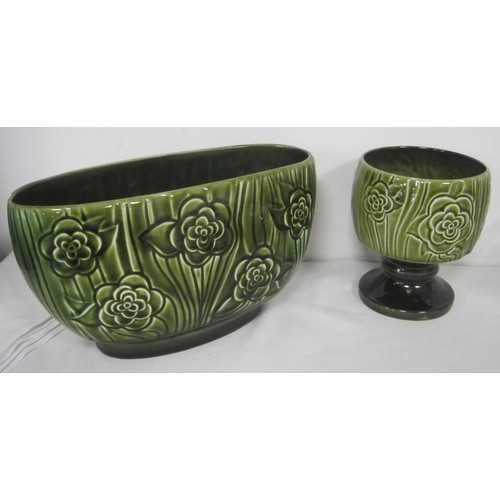 16 - Sylvac 4830 green glaze vase, Sylvac vase 4826 (a/f apparently cracked), two RS pottery majolica lea... 