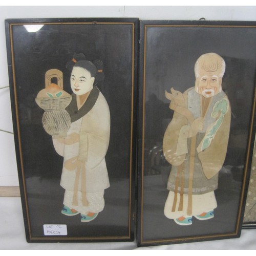 319 - A pair of Chinese paper and silk pictures - a robed man holding sceptre, and woman holding basket. P... 