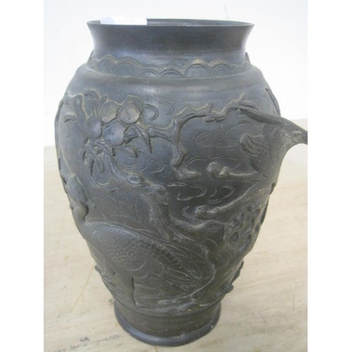 116 - Oriental bronze vase, moulded with birds and fruit trees, height 38cm, a/f