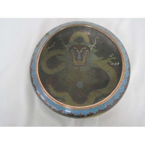 124 - A Chinese cloisonne bowl with dragon decoration on ornate intricate stand