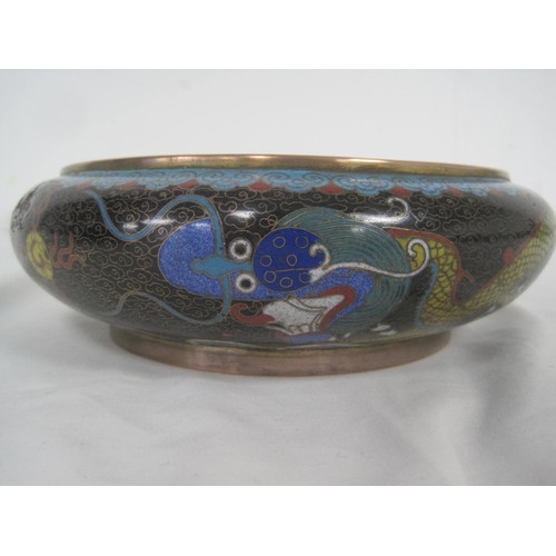 124 - A Chinese cloisonne bowl with dragon decoration on ornate intricate stand