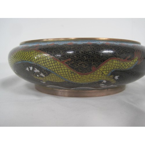 124 - A Chinese cloisonne bowl with dragon decoration on ornate intricate stand