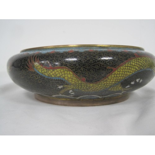 124 - A Chinese cloisonne bowl with dragon decoration on ornate intricate stand