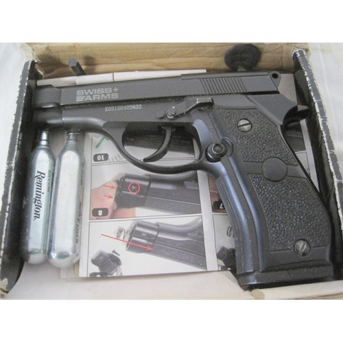 376 - A Swiss Arms P84 CO2 powered BB gun, with BBs, in original box and in full working order