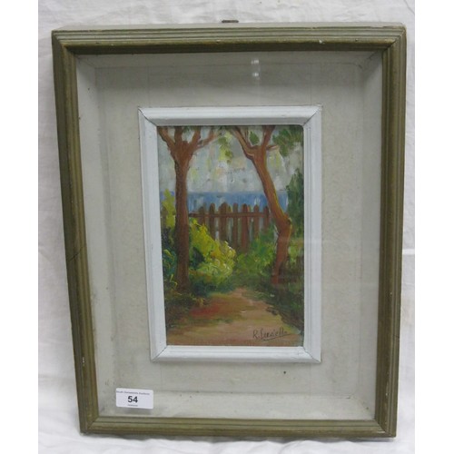 398 - 'Marina', landscape with trees and fence, oil on board, signed R. Ferriello lower right, mounted in ... 