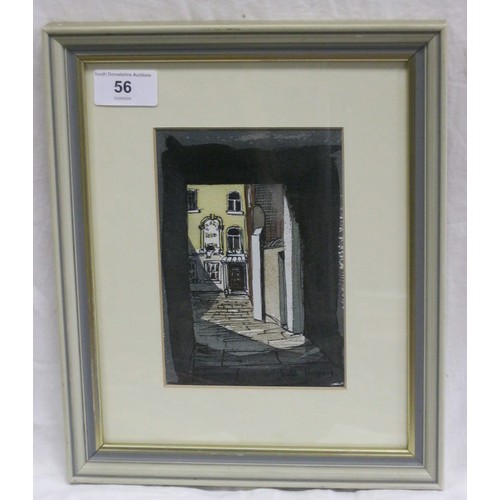 400 - Pete Hogan - courtyard in sunlight and shadow, watercolour and ink, signed lower right, framed and g... 