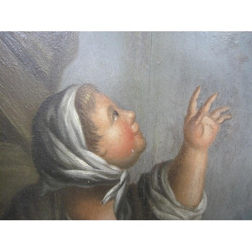 51 - A c.19th Century Oil Painting on Panel of a Young Girl releasing Doves from a cage