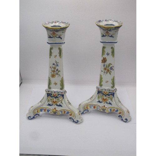 53 - Pair of Faience Pottery Candlesticks on Trefoil Bases