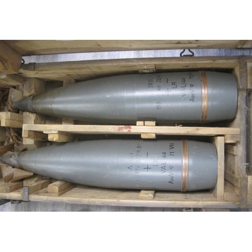 99 - A pair of crated 155mm artillery shells, originally WW2 German but repainted for the Swedish Army po... 