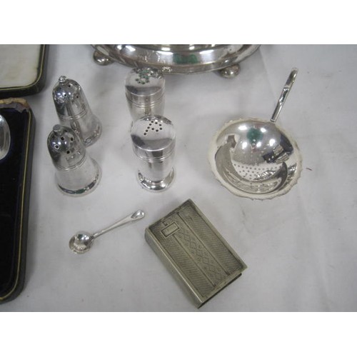 119 - Assorted electroplated ware, including cutlery, condiments, a match box sleeve, and a caddy. Some a/... 