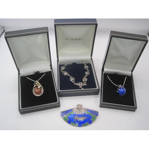 46 - Three 925 silver pendant necklaces each in presentation boxes, and a white metal brooch. (1) A blue ... 