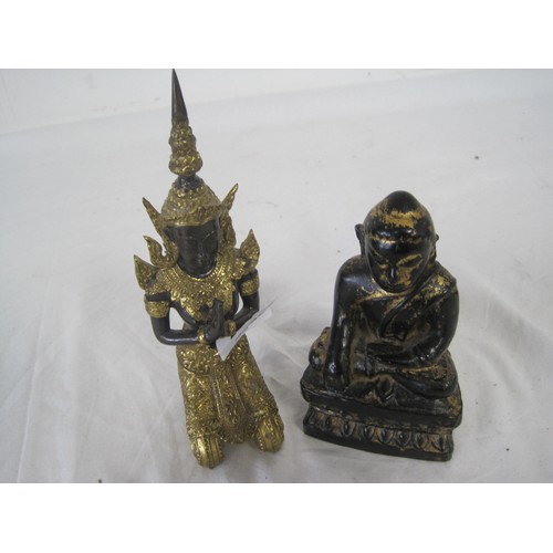 61 - Two Far Eastern religious figures - (1) a metal figure of kneeling deity praying (height 18cm). (2) ... 