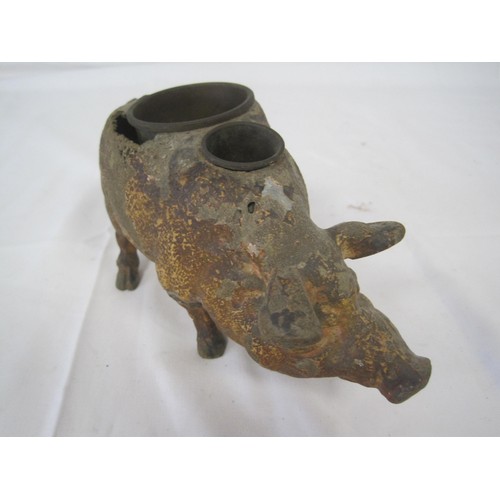 202 - An antique cold painted metal pig, originally a desk tidy or similar, with brass inserts, well worn ... 