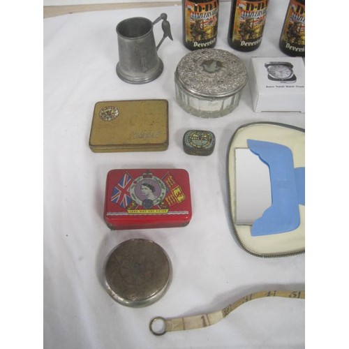 44 - A box of assorted vintage and decorative items, including three bottles of Devenish D-Day Anniversar... 