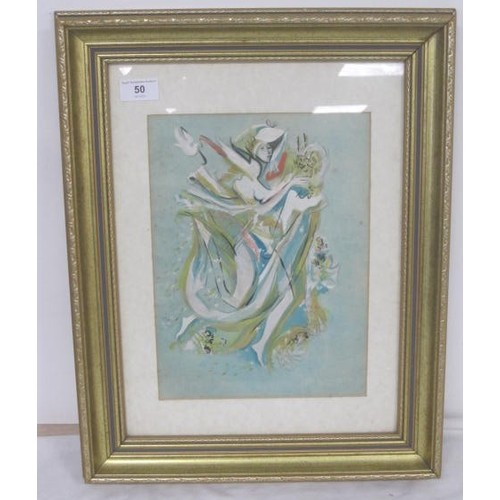 50 - A watercolour and pencil of woman in flowing dress with bouquets of flowers and dove, 30cm x 22cm, i... 