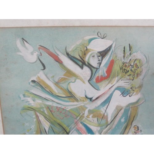 50 - A watercolour and pencil of woman in flowing dress with bouquets of flowers and dove, 30cm x 22cm, i... 