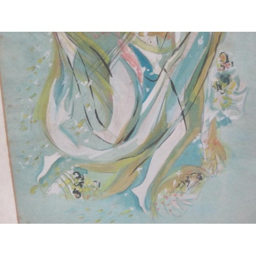 50 - A watercolour and pencil of woman in flowing dress with bouquets of flowers and dove, 30cm x 22cm, i... 