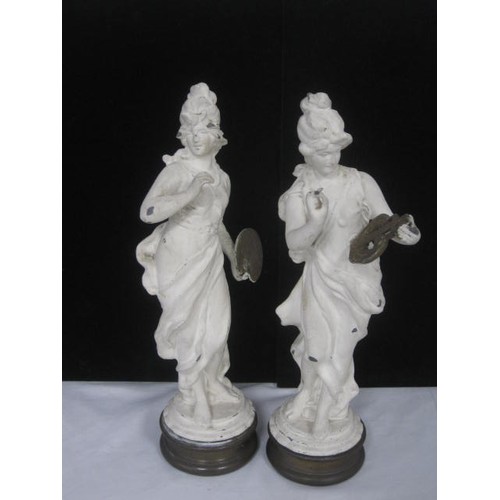 215 - Two painted  metal classical figures one displays as an Artist the other playing a classical musical... 