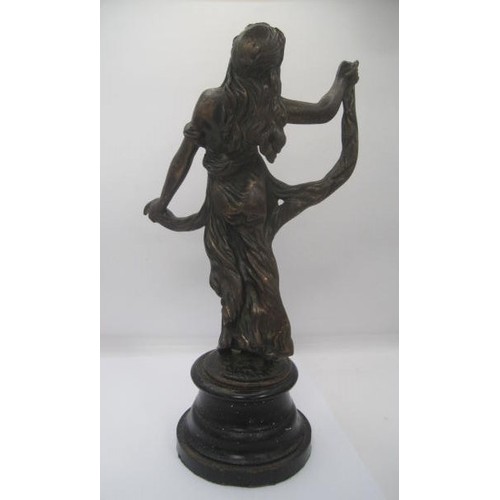 216 - A statue of French virtue by Gaiete, mounted on an ebonised metal base .Figurine approx. 12 inches t... 