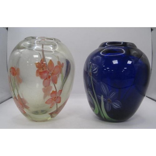 230 - A lovely pair of double walled glass vases one in a deep cobalt blue the other hand painted with del... 