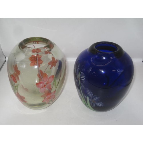 230 - A lovely pair of double walled glass vases one in a deep cobalt blue the other hand painted with del... 