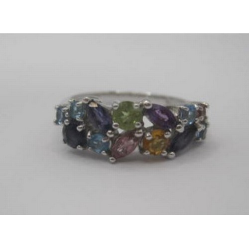 251 - A 9 carat imported white gold dress ring set with multi-colour stones. Thirteen stones of round and ... 