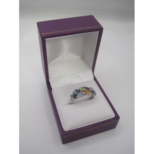 251 - A 9 carat imported white gold dress ring set with multi-colour stones. Thirteen stones of round and ... 