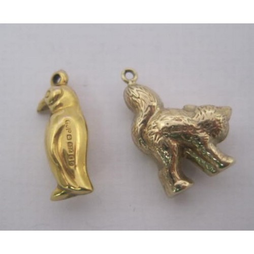 271 - Two gold charms - a penguin (approx. 0.5g) and a cat (approx. 0.7g), both with British hallmarks