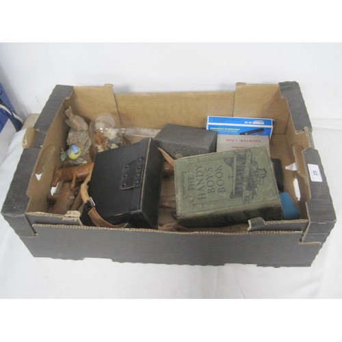 25 - A box of miscellaneous items including travel alarm clocks, pair of Swift 8 x 35 binoculars in case,... 