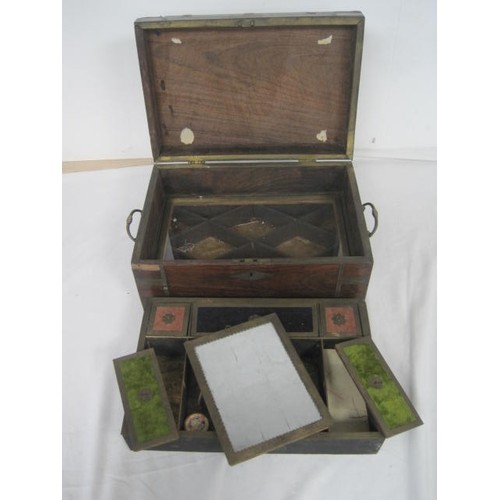 16 - A vintage hardwood and brass inlaid jewellery or sewing box with some a/f faults and losses. Of midd... 