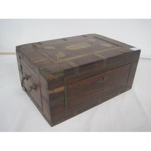 16 - A vintage hardwood and brass inlaid jewellery or sewing box with some a/f faults and losses. Of midd... 