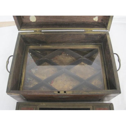 16 - A vintage hardwood and brass inlaid jewellery or sewing box with some a/f faults and losses. Of midd... 