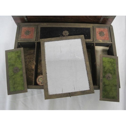 16 - A vintage hardwood and brass inlaid jewellery or sewing box with some a/f faults and losses. Of midd... 