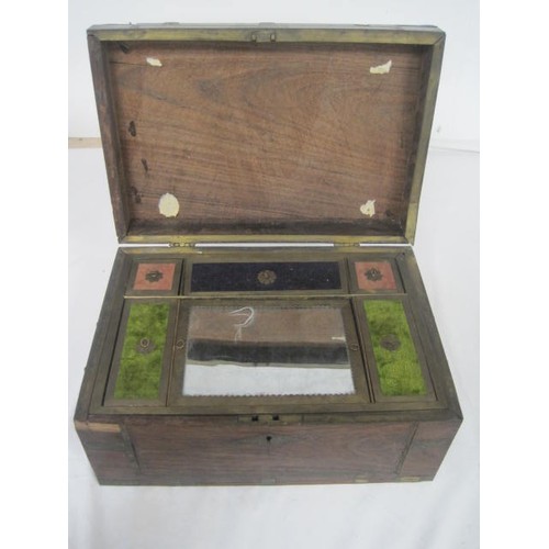 16 - A vintage hardwood and brass inlaid jewellery or sewing box with some a/f faults and losses. Of midd... 